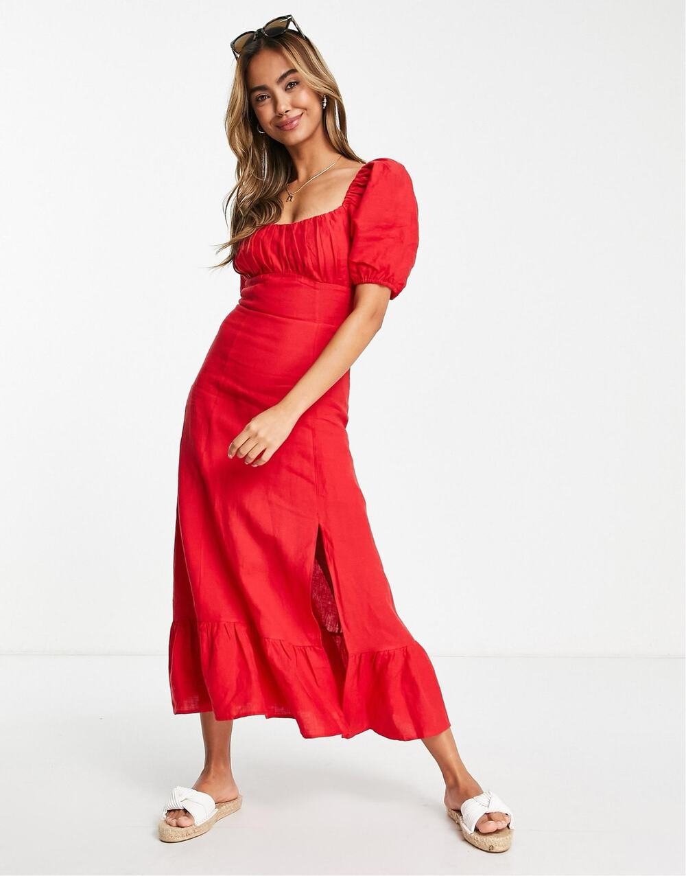 & OTHER STORIES Red Linen Puff Sleeve Midi Dress Smocked Square Neck Ruffle Hem